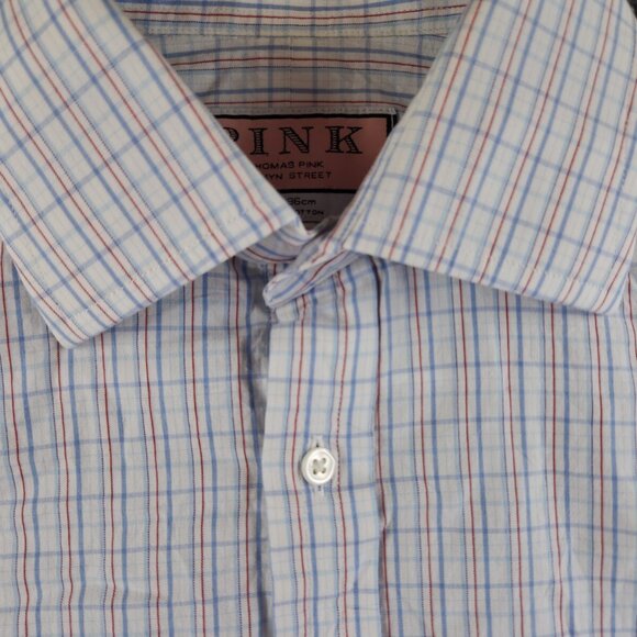 Thomas Pink Long Sleeve Button Up Cotton Red White Blue Check 15.5 34 Men French - Picture 11 of 15